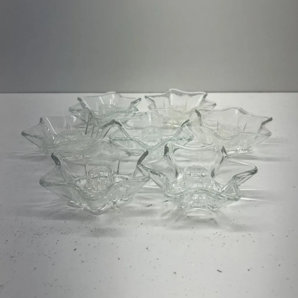 Set of‎ 7 Vintage Anchor Hocking 6 Point Shape Clear Glass Candlestick Holders